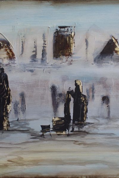 Abstract πίνακας ζωγραφικής με φιγούρες προσφύγων που κουβαλάνε πακέτα