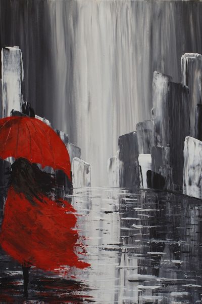 Abstract γυναίκα με κόκκινο φόρεμα και κόκκινη ομπρέλα